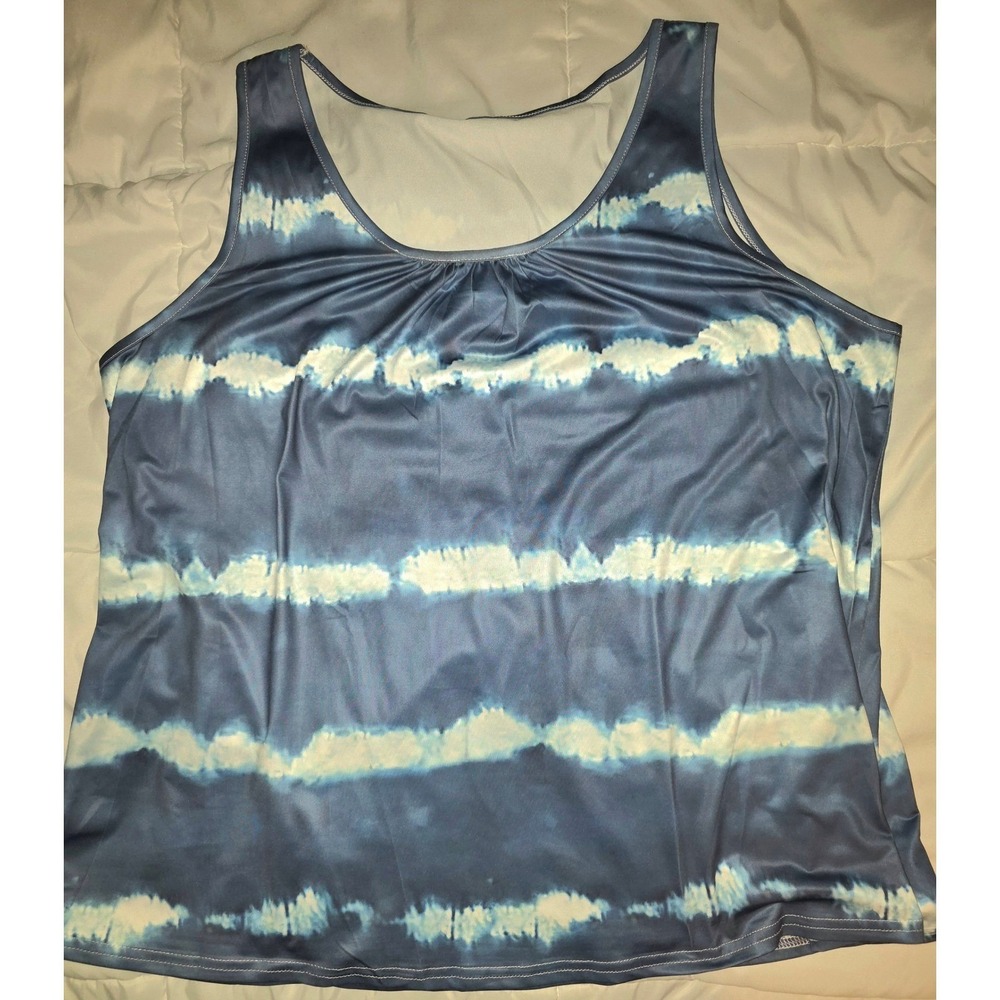 Womens Blue White Tie Dye Stripe Sleeveless Tank Top Scoop Neck Plus Size 4XL